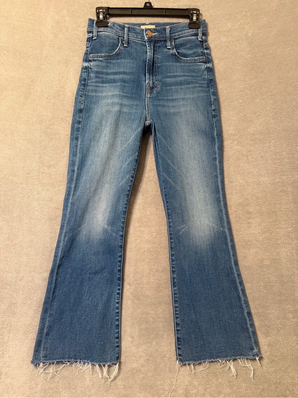 MOTHER LIL' Hustles Ankle Fray Medium Blue High-Rise Flare Jeans Healing-Jar 25